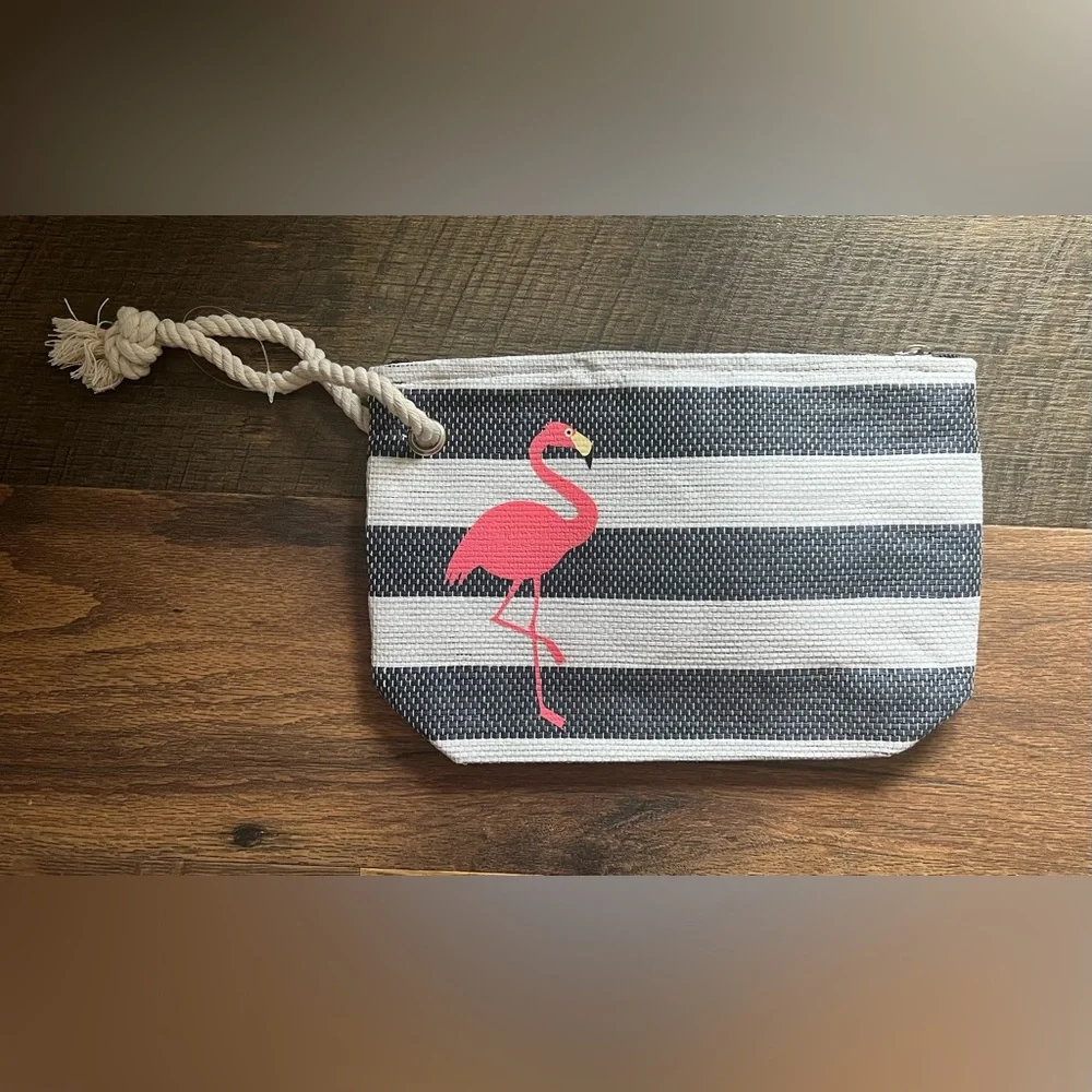 Flamingo 🦩 Large Beach Tote Bag Nautical Rope Handles Zippered Accessory Bag - Picture 4 of 8